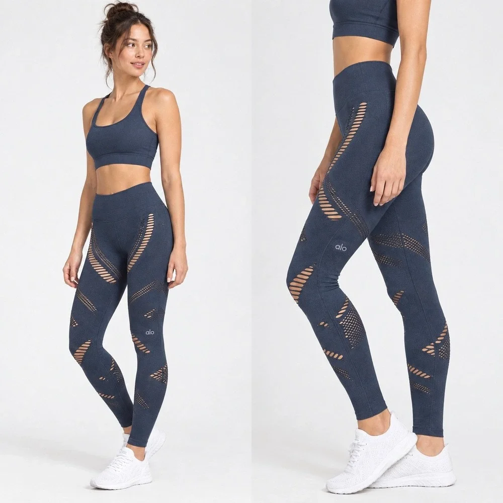 Alo Yoga Seamless Illusion High Waist Laser Cut Leggings Navy Blue Women's Small